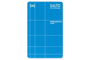 Das Bild zeigt eine RFID-Karte für eine Salto-Zutrittskontrolle in blau.