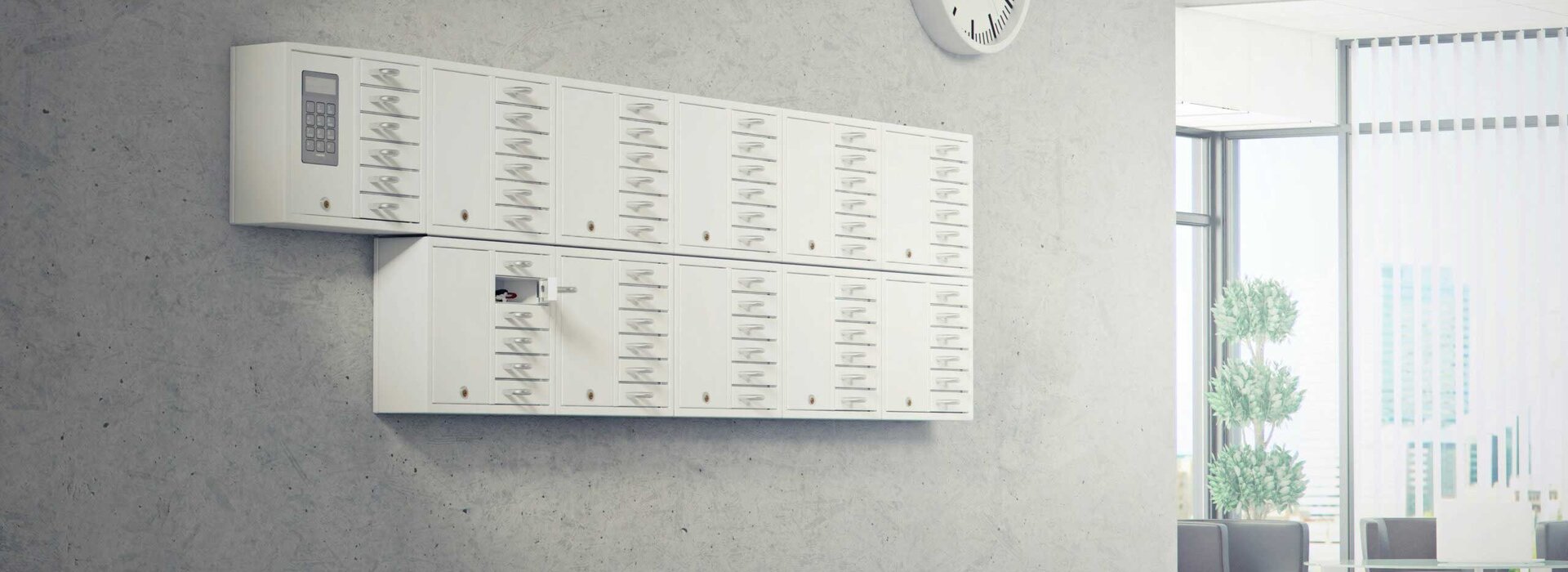 Ein Bild, das ein Creone-Schlüsselmanagementsystem in einem Wohnhaus zeigt.