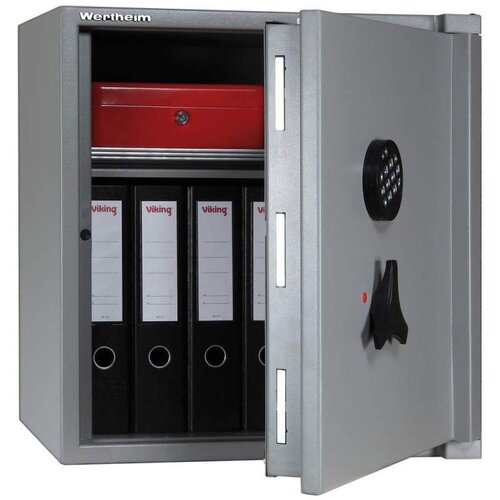 Das Bild zeigt einen geöffneten Tresor mit Aktenordnern und einem Schlüsselanhänger im Inneren.