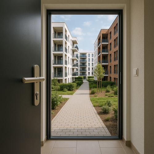 Das Bild zeigt eine geöffnete Tür mit Blick auf einen modernen Wohnkomplex, im Fokus steht das Türschloss.
