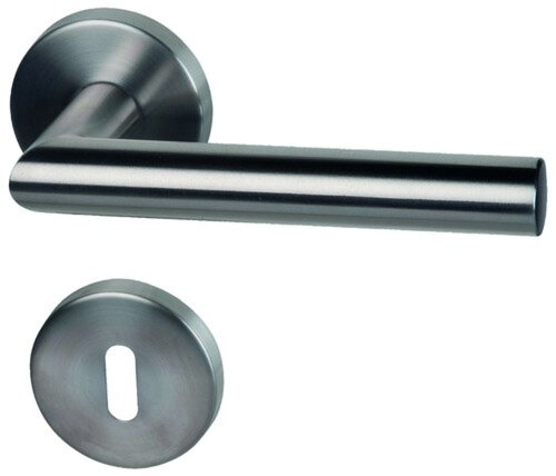 Das Bild zeigt einen silbernen Türbeschlag mit runder Rosette und Türgriff.