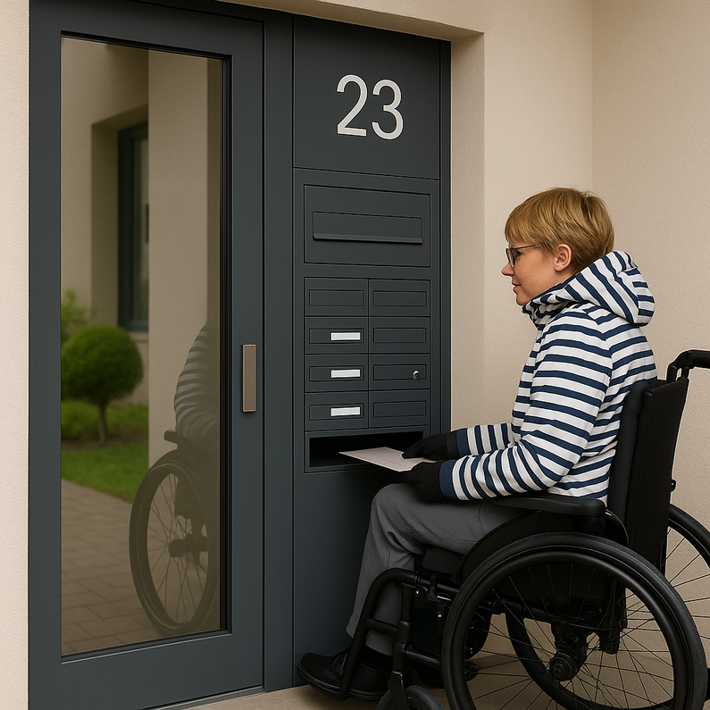 Ein Bild, das eine behinderte Frau beim Einwerfen eines Briefs darstellt.