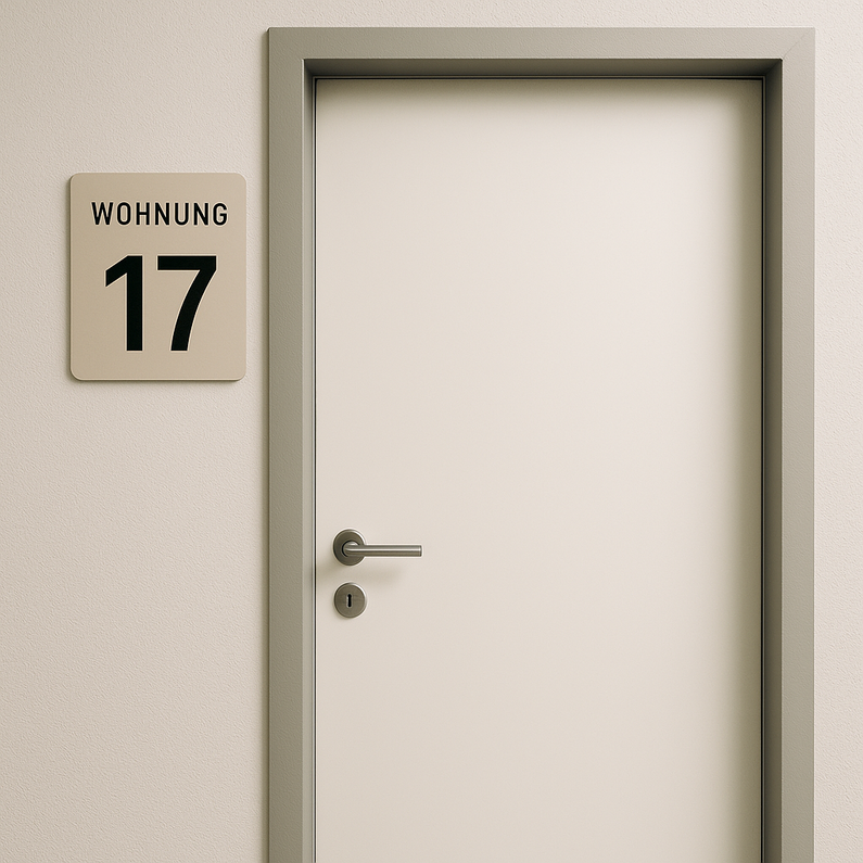 Das Bild stellt eine Türbeschriftung bei einem Wohnbauprojekt dar.