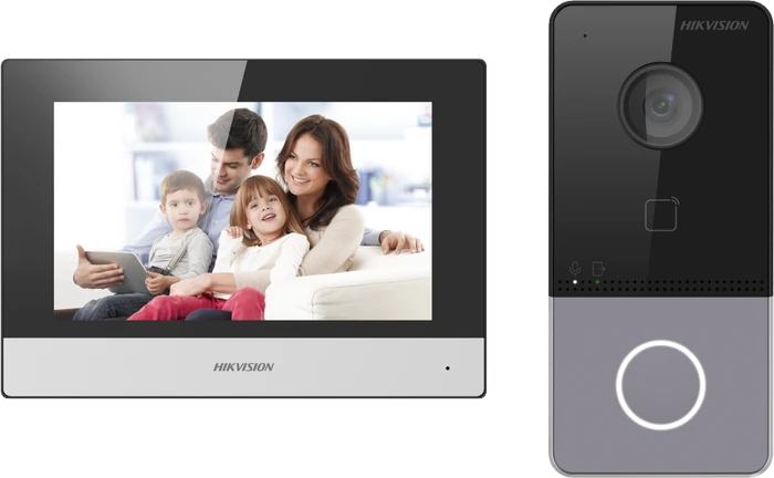 Das Bild zeigt einmal Kamera und Monitor einer Videogegensprechanlage von Hikvision.